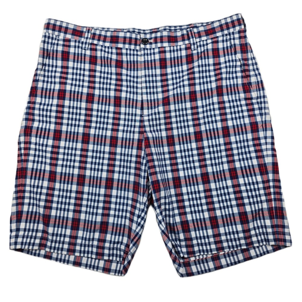 IZOD Golf Shorts Mens 40 Red White Blue Plaid Polyester Performance Flat Front